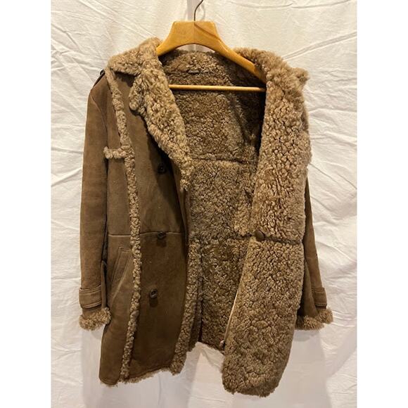 Vintage Shearling Sheepskin Suede Double Breasted Coat Car Jacket Buttons 70s - Picture 1 of 13
